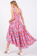 Pink Floral Sleeveless Tiered Maxi Dress