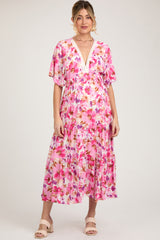 Fuchsia Multi-Color Floral Tiered Maternity Maxi Dress