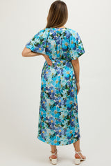 Blue Floral V-Neck Short Puff Sleeve Tie Waist Satin Maternity Midi Dress