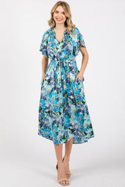 Blue Floral V-Neck Short Puff Sleeve Tie Waist Satin Midi Dress