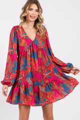 Mocha Floral V-Neck Ruffle Hem Dress