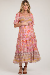 Pink Floral Smocked Half-Length Sleeves Maternity Midi Dress