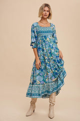 Teal Floral Smocked Half-Length Sleeves Maternity Midi Dress