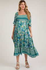 Teal Floral Smocked Half-Length Sleeves Maternity Midi Dress