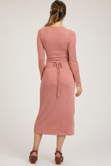 Rust Ribbed Long Sleeve Maternity Wrap Nursing Dress