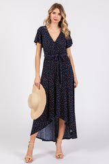 Navy Blue Wrap Front V-Neck Hi-Low Maternity Midi Dress