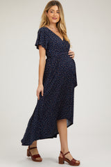 Navy Blue Wrap Front V-Neck Hi-Low Maternity Midi Dress