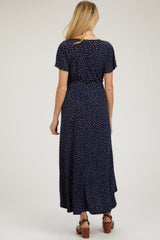 Navy Blue Wrap Front V-Neck Hi-Low Maternity Midi Dress