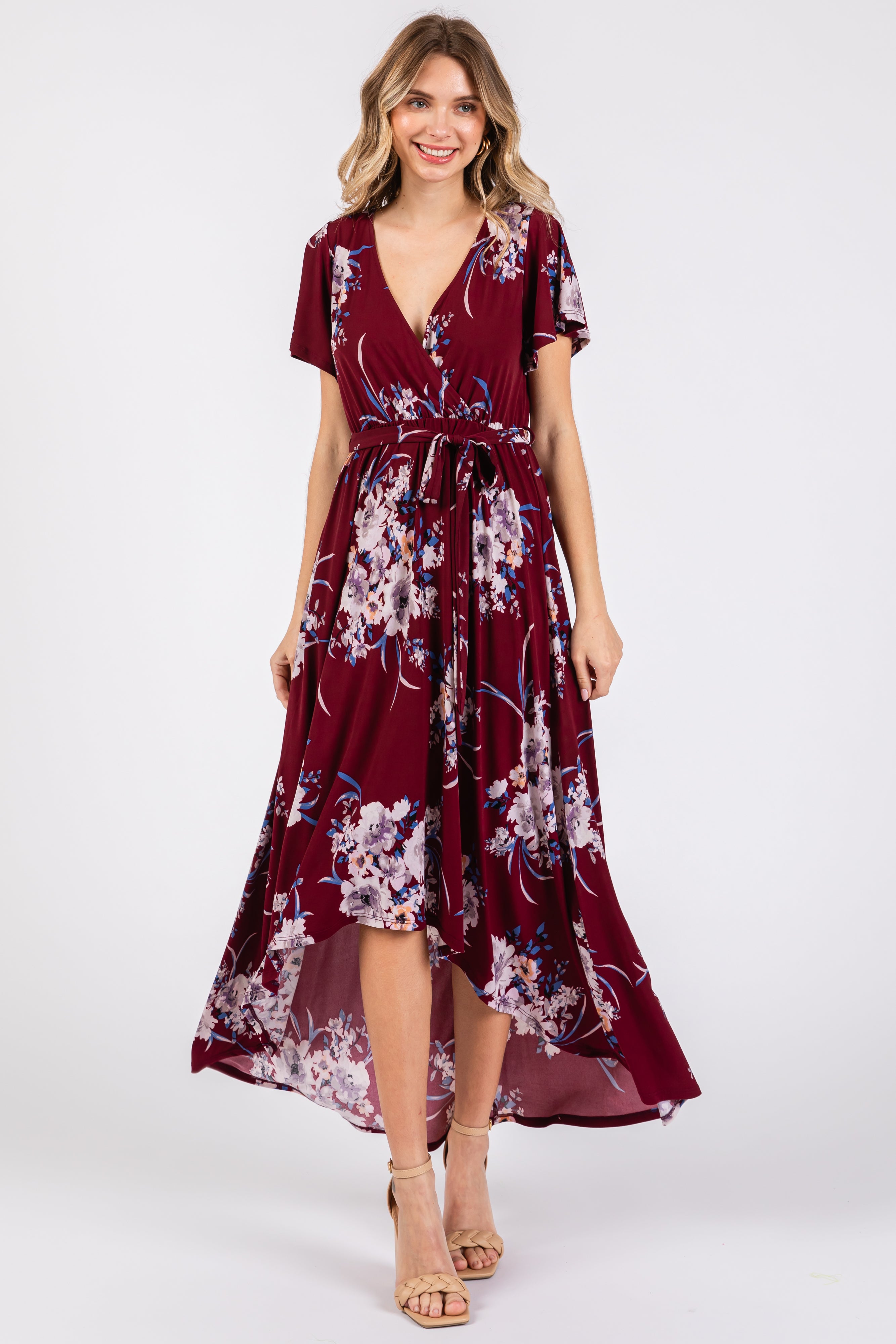 Maroon floral wrap dress best sale