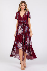 Burgundy Floral Print Wrap Front V-Neck Hi-Low Midi Dress