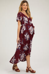 Burgundy Floral Print Wrap Front V-Neck Hi-Low Maternity Midi Dress