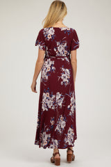 Burgundy Floral Print Wrap Front V-Neck Hi-Low Maternity Midi Dress