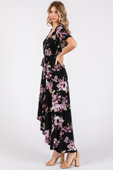 Black Floral Print Wrap Front V-Neck Hi-Low Midi Dress