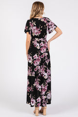 Black Floral Print Wrap Front V-Neck Hi-Low Midi Dress