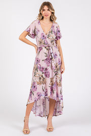 Purple Floral Print Wrap Front V-Neck Hi-Low Midi Dress