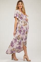 Purple Floral Print Wrap Front V-Neck Hi-Low Maternity Midi Dress