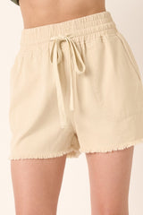 Beige Raw Hem Drawstring Shorts