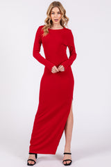 Red Ribbed Long Sleeve Side Slit Maxi Dress