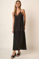 Black Sleeveless Lace Tiered Maternity Maxi Dress