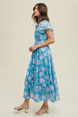 Blue Floral Flutter Sleeve Tiered Maxi Dress