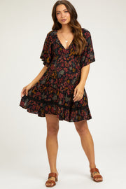 Black Floral Smocked Crochet Trim Maternity Dress