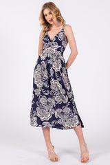 Navy Floral Front Twist Midi Dress