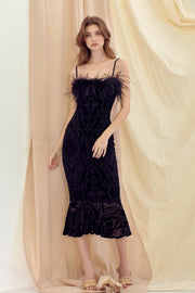 Black Feather Trim Crushed Velvet Mermaid Midi Dress