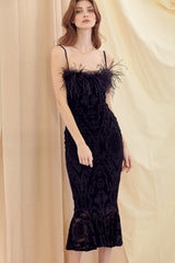 Black Feather Trim Crushed Velvet Mermaid Midi Dress