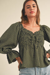 Olive Black Smocked Flounce Top