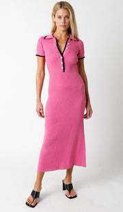 Pink Ribbed Knit Collared Button Front Dress