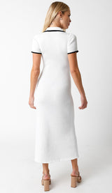 White Ribbed Knit Collared Button Front Dress