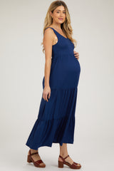 Navy Sleeveless Scoop Back Tiered Maternity Maxi Dress