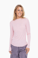 Light Pink Ribbed Lettuce Trim Maternity Top