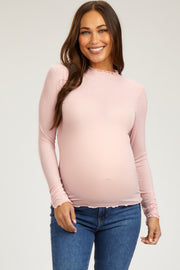 Light Pink Ribbed Lettuce Trim Maternity Top