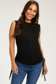 Black Rib Knit Ruched Drawstring Maternity Tank Top