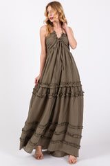 Olive Ruffle Ruched Deep V-Neck Maternity Maxi Dress