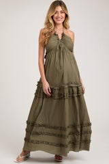 Olive Ruffle Ruched Deep V-Neck Maternity Maxi Dress