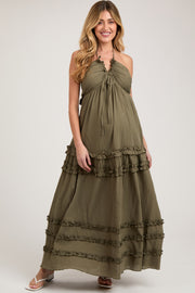 Olive Ruffle Ruched Deep V-Neck Maternity Maxi Dress