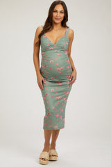 Light Olive Floral Mesh Ruched Sleeveless Maternity Midi Dress