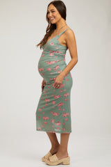 Light Olive Floral Mesh Ruched Sleeveless Maternity Midi Dress