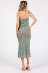 Light Olive Floral Mesh Ruched Sleeveless Midi Dress