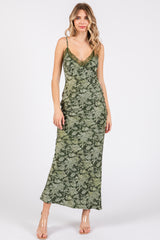 Olive Satin Floral Lace V-Neck Cut Out Back Midi Dress