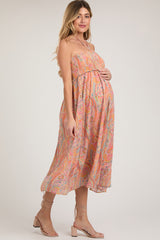 Coral Paisley Halter Smocked Maternity Midi Dress