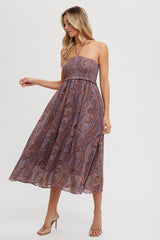 Purple Paisley Halter Smocked Maternity Midi Dress