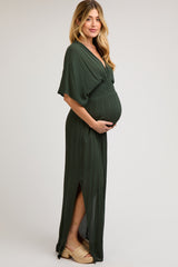 Olive Lightweight Deep V-Neck Maternity Maxi Dress