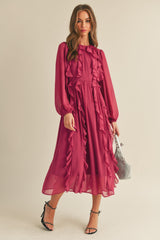 Magenta Berry Ruffle Trim Puff Sleeve Midi Dress