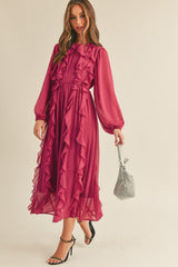 Magenta Berry Ruffle Trim Puff Sleeve Midi Dress