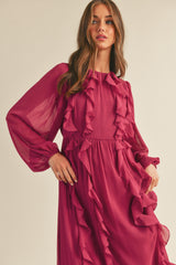 Magenta Berry Ruffle Trim Puff Sleeve Midi Dress