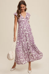 Lavender Floral Ruffle Maternity Midi Dress