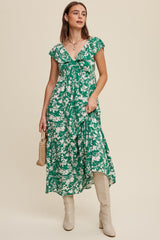 Green Floral Ruffle Midi Dress